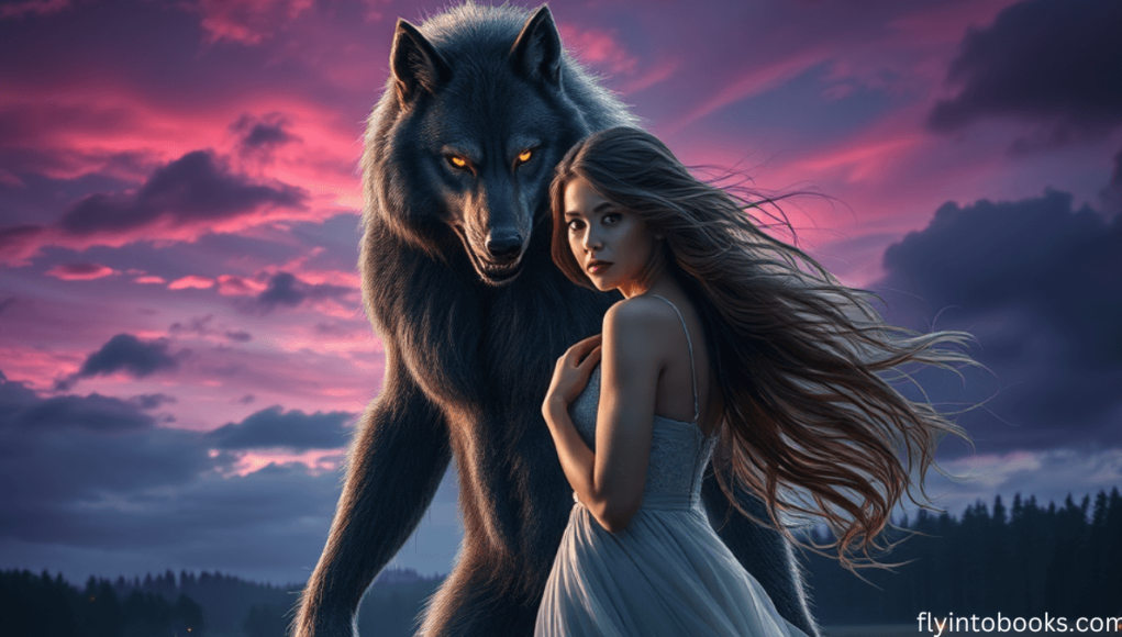 Enchanting dark forest scene from the best paranormal romance books, featuring a mysterious werewolf and a woman surrounded by mist and a glowing crescent moon, creating a magical romance atmosphere.