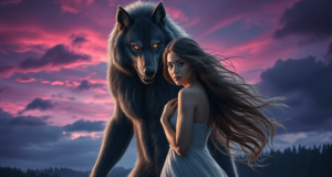 Enchanting dark forest scene from the best paranormal romance books, featuring a mysterious werewolf and a woman surrounded by mist and a glowing crescent moon, creating a magical romance atmosphere.