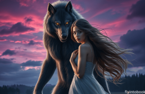 Enchanting dark forest scene from the best paranormal romance books, featuring a mysterious werewolf and a woman surrounded by mist and a glowing crescent moon, creating a magical romance atmosphere.