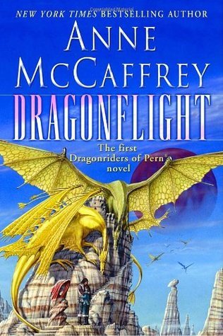 Cover of Dragonflight where a young telepathic dragon rider must defend her people from a deadly threat in a world of dragons and human bonds