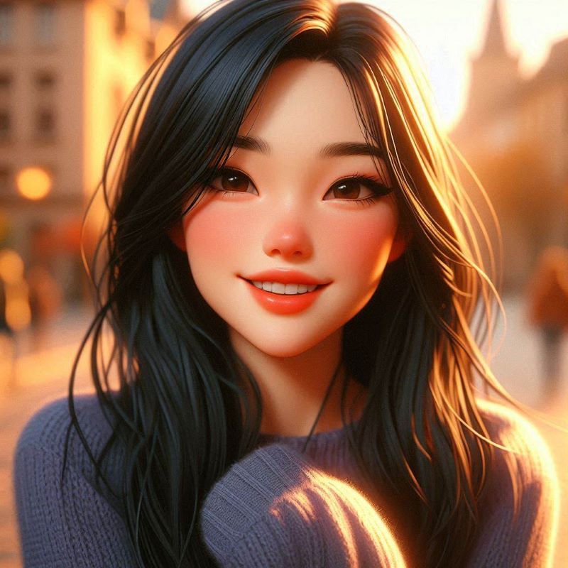 Ava Chen from 'Twisted Love by Ana Huang,' a warm and optimistic character with raven hair and dark brown eyes, surrounded by a serene natural backdrop.