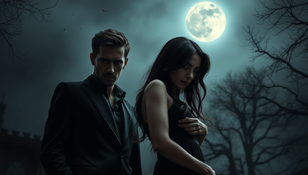 Dark romance books come to life in this atmospheric scene, featuring a mysterious couple under a moonlit sky, filled with passion and intrigue.