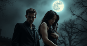 Dark romance books come to life in this atmospheric scene, featuring a mysterious couple under a moonlit sky, filled with passion and intrigue.