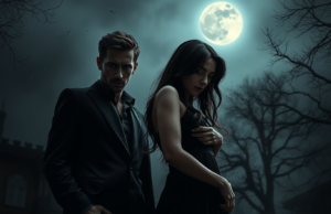 Dark romance books come to life in this atmospheric scene, featuring a mysterious couple under a moonlit sky, filled with passion and intrigue.