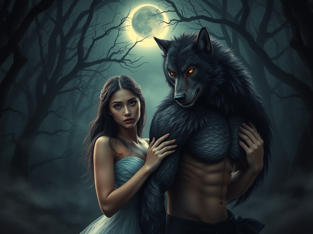 Best paranormal romance books image, showcasing an intense romance between a werewolf and a woman, immersed in a magical world filled with tension, mystery, and supernatural intrigue.