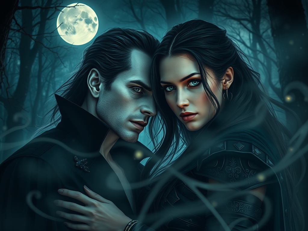 Vampire romance vibes in the best paranormal romance books, showing a passionate vampire and a human woman gazing at each other under a full moon, with an air of forbidden love and danger.