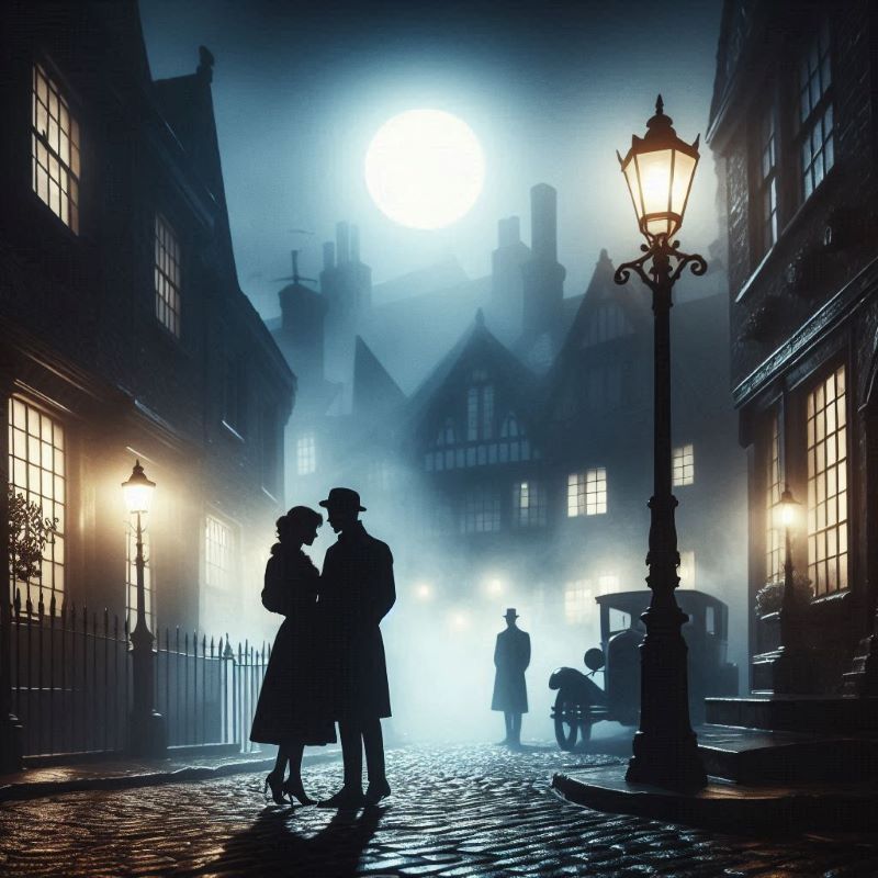 A moonlit cobblestone street with a couple silhouetted against a glowing lamppost, while a shadowy figure in the distance adds a thrilling mystery romance vibe.