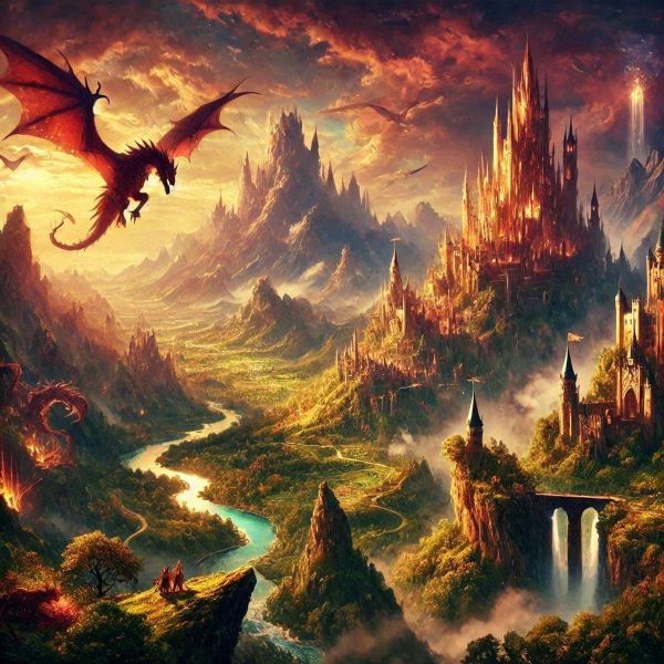 Enigmatic epic fantasy realm with shimmering castles, magical creatures, and a glowing, mysterious aura, capturing the essence of epic adventure