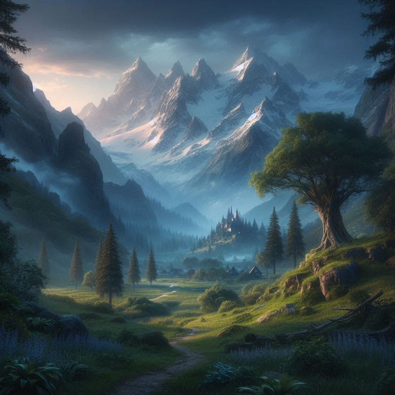 Majestic epic fantasy landscape with towering castles, ancient forests, and magical skies, evoking a sense of adventure and wonder.