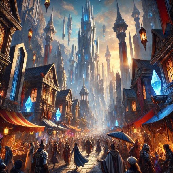 A bustling epic fantasy town with cobbled streets, ancient stone buildings, colorful banners, and townsfolk going about their daily lives, filled with an air of intrigue and adventure.